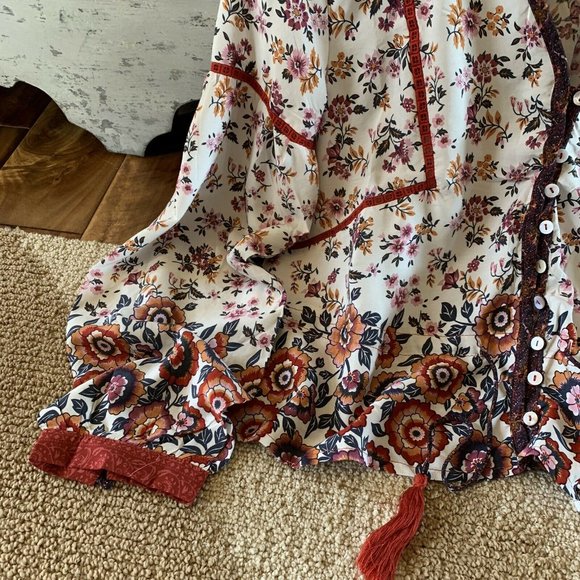 New Boho Vintage Floral Gypsy Tassel Tie Blouse - Picture 3 of 8